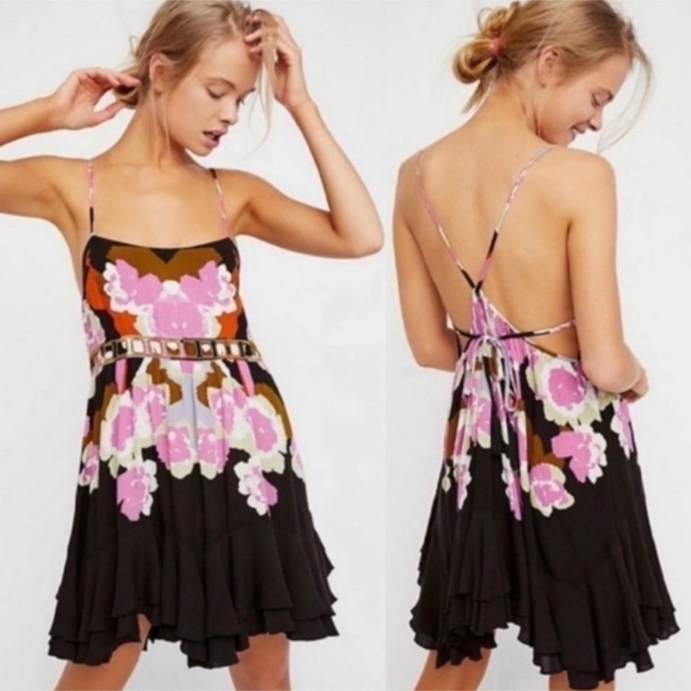 Free People Sweet Lucy Slip Dark Coal Combo Dress Size Medium Women
